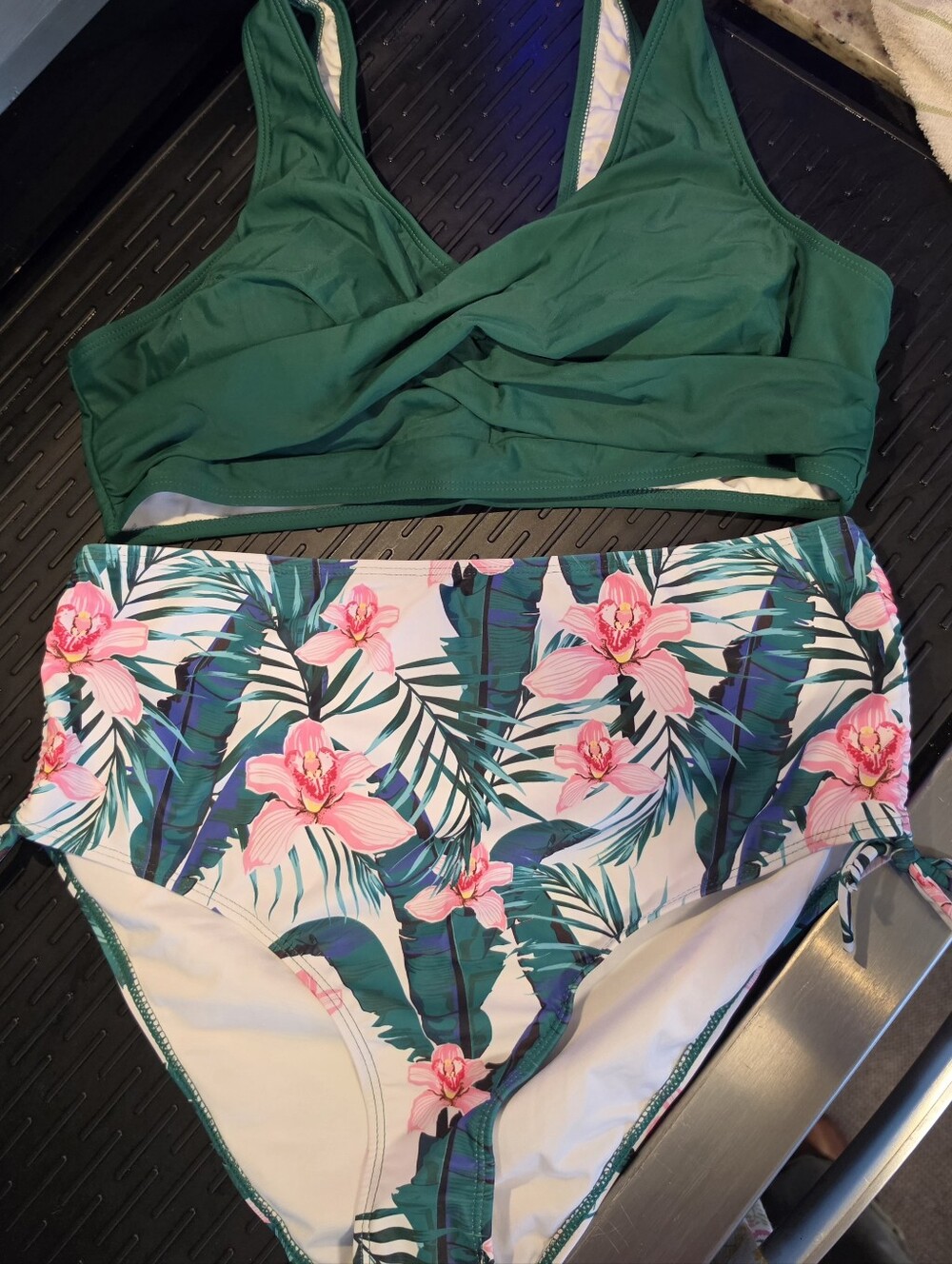 Green Crossover Bikini Top with Pink Floral High-Waist Bottom